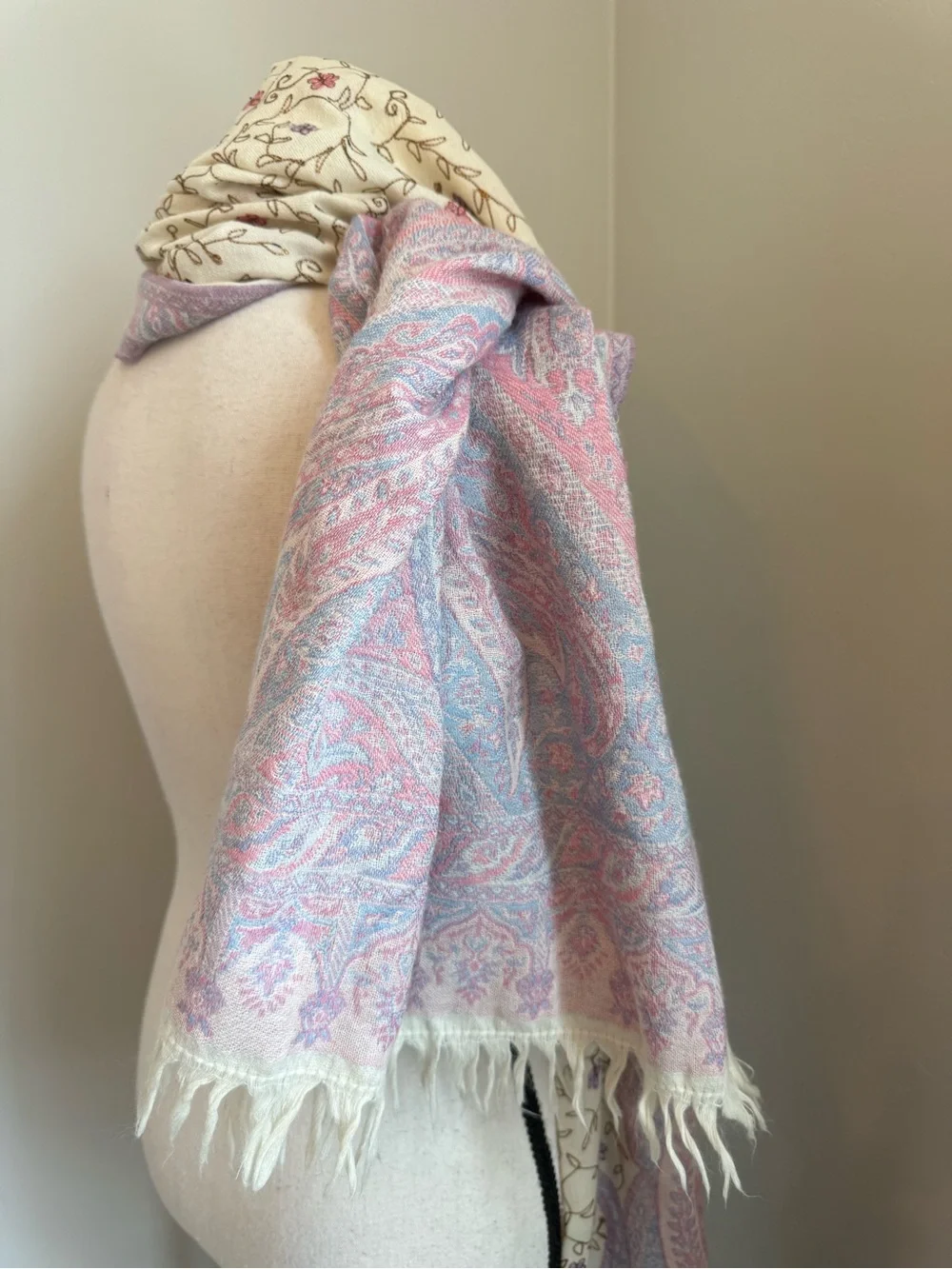 Abrol 100% Pure New Wool Shawl Pastel Paisley Floral Gold Thread Fringe Wrap